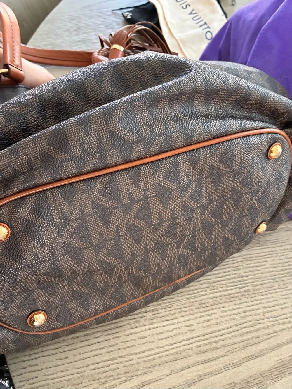 Michael Kors Brown MK Monogram Drawstring Shoulder Bag with Tan Accents